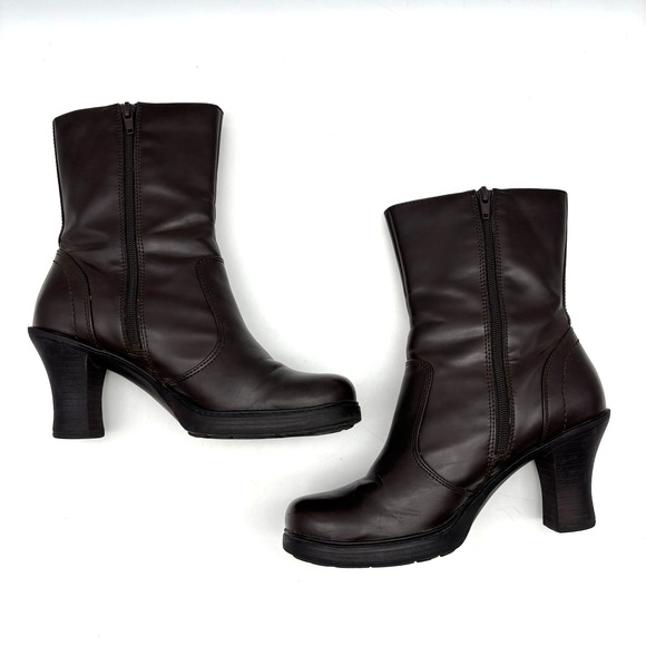Vintage 00s Y2K Mudd 'CHARLOT' Brown Faux Leather Block Heel Mid Calf Boots 9M - Picture 13 of 16